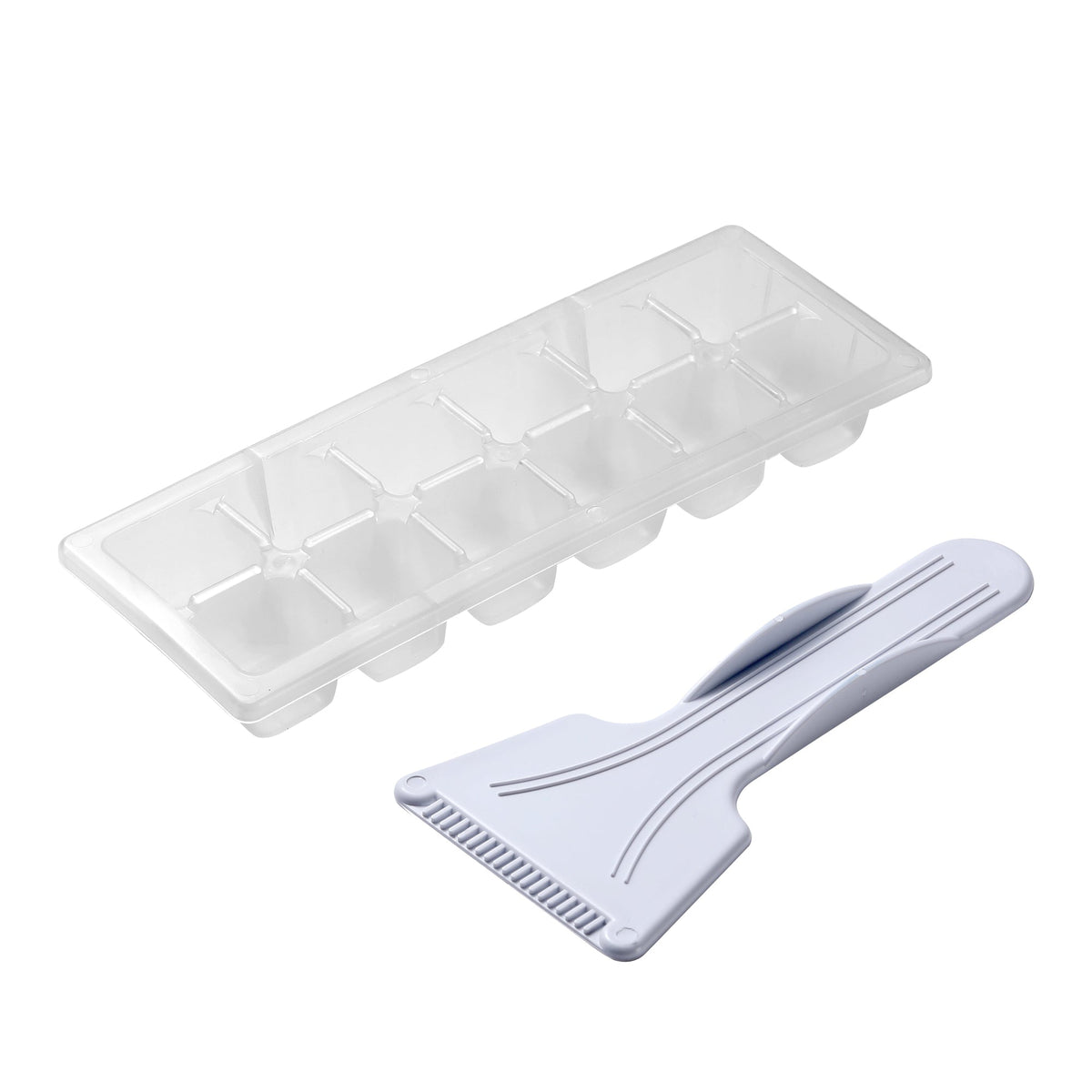 Mini freezer ice tray and gray scraper with ribbed edge, clear plastic tray