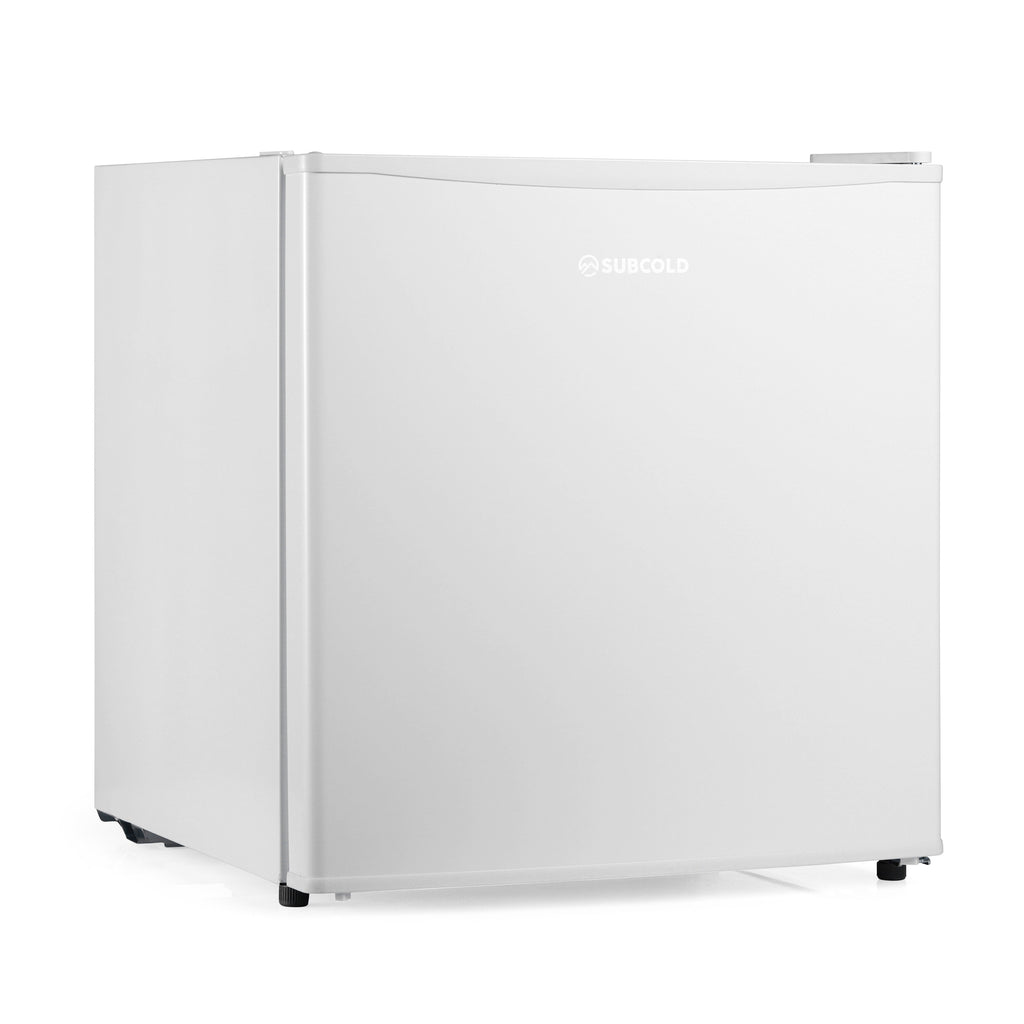 White compact mini freezer front view with handle and brand logo on the door