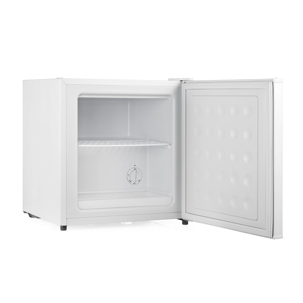 White mini freezer with door open, empty interior compartment and control knob