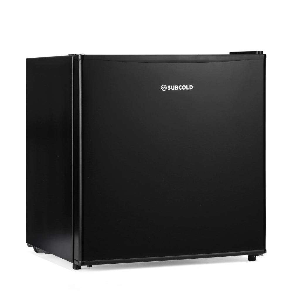 Black mini freezer with closed door and SUBCOLD logo on the front panel