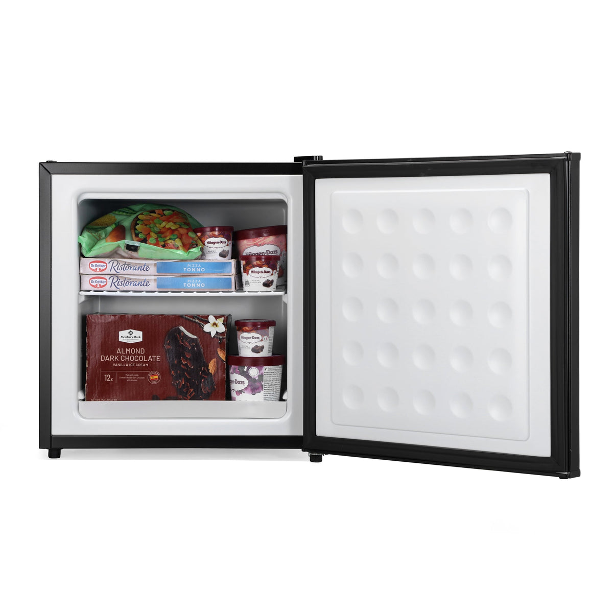 Black mini freezer with open door, shelves filled with packaged food and bins