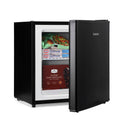 Black mini freezer with open door, shelves and packaged food inside