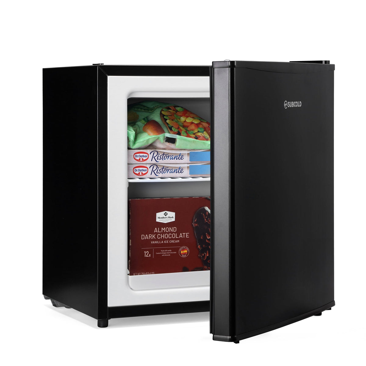 Black mini freezer with open door, shelves and packaged food inside