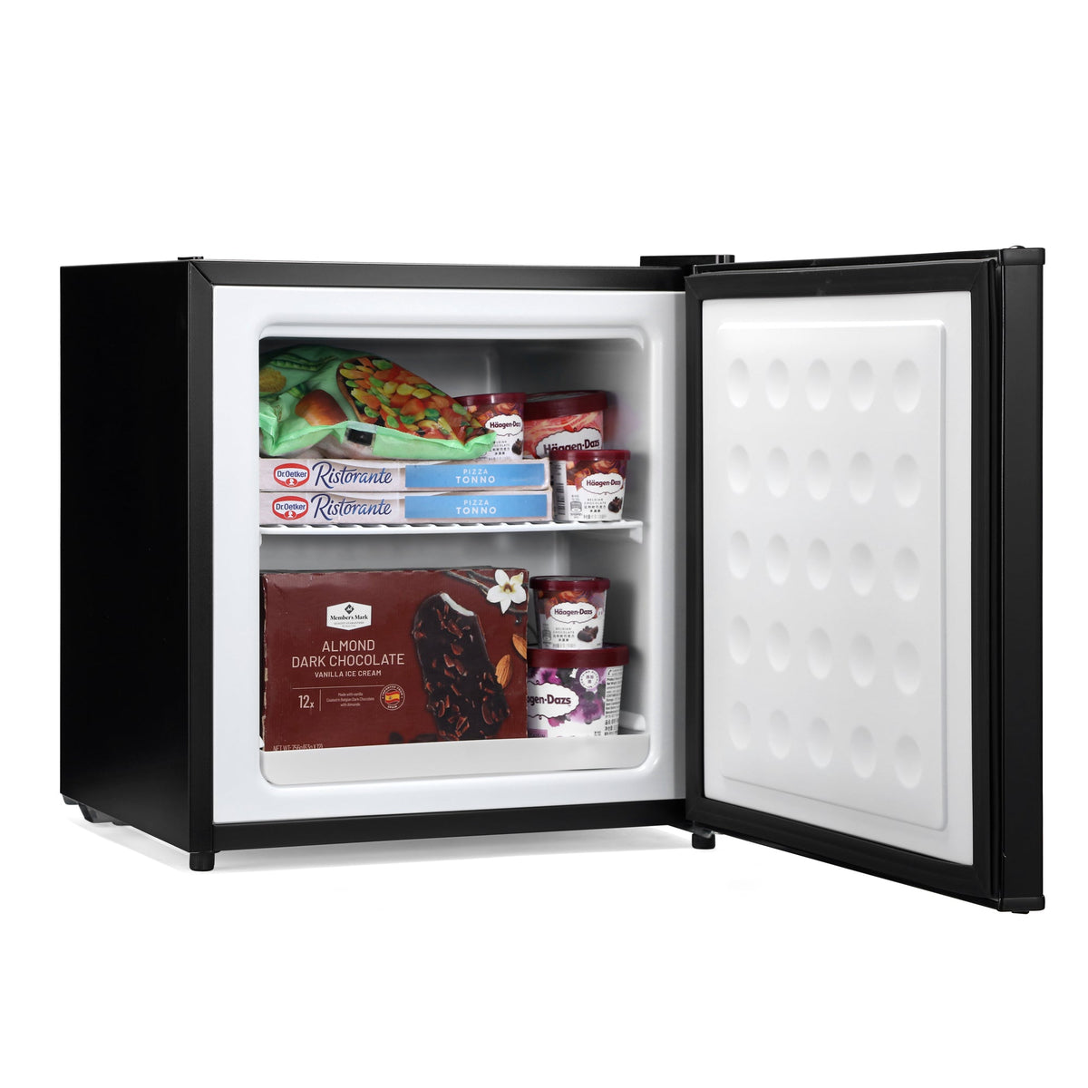Black mini freezer with open door, white interior shelves and door panel