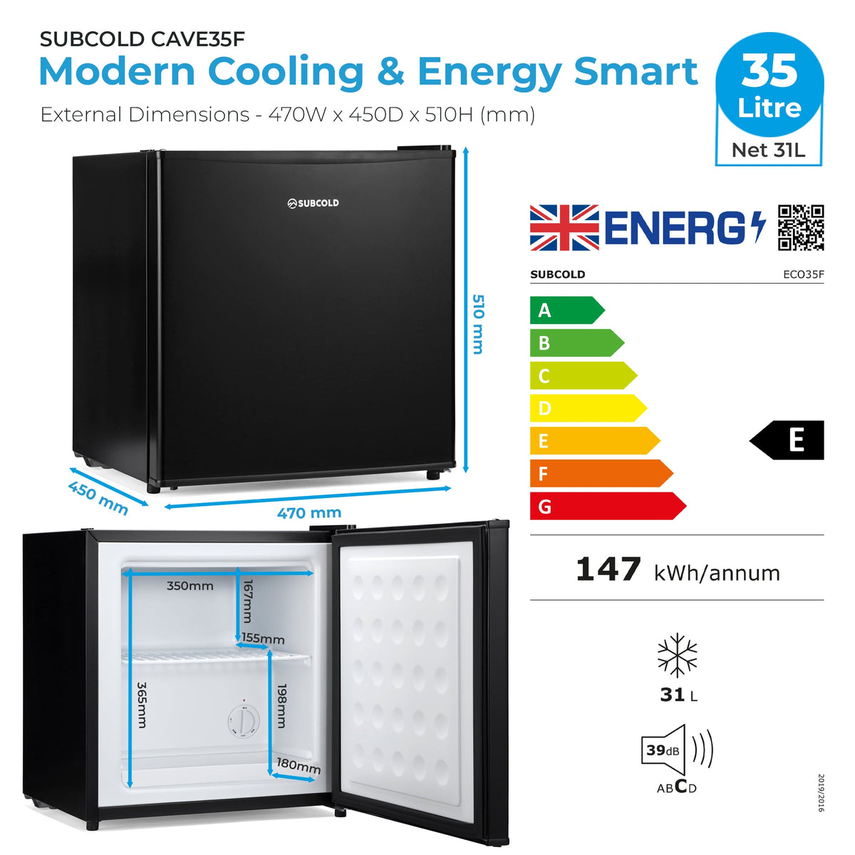 Black mini freezer with front and open-door views showing white interior