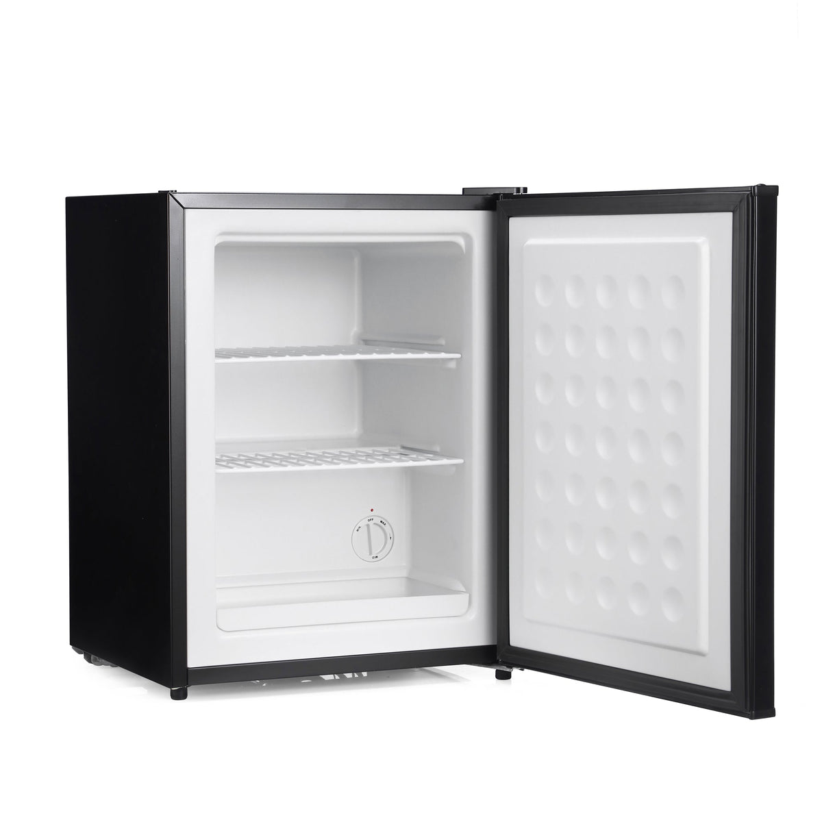 Black mini freezer with open door, empty white interior shelves