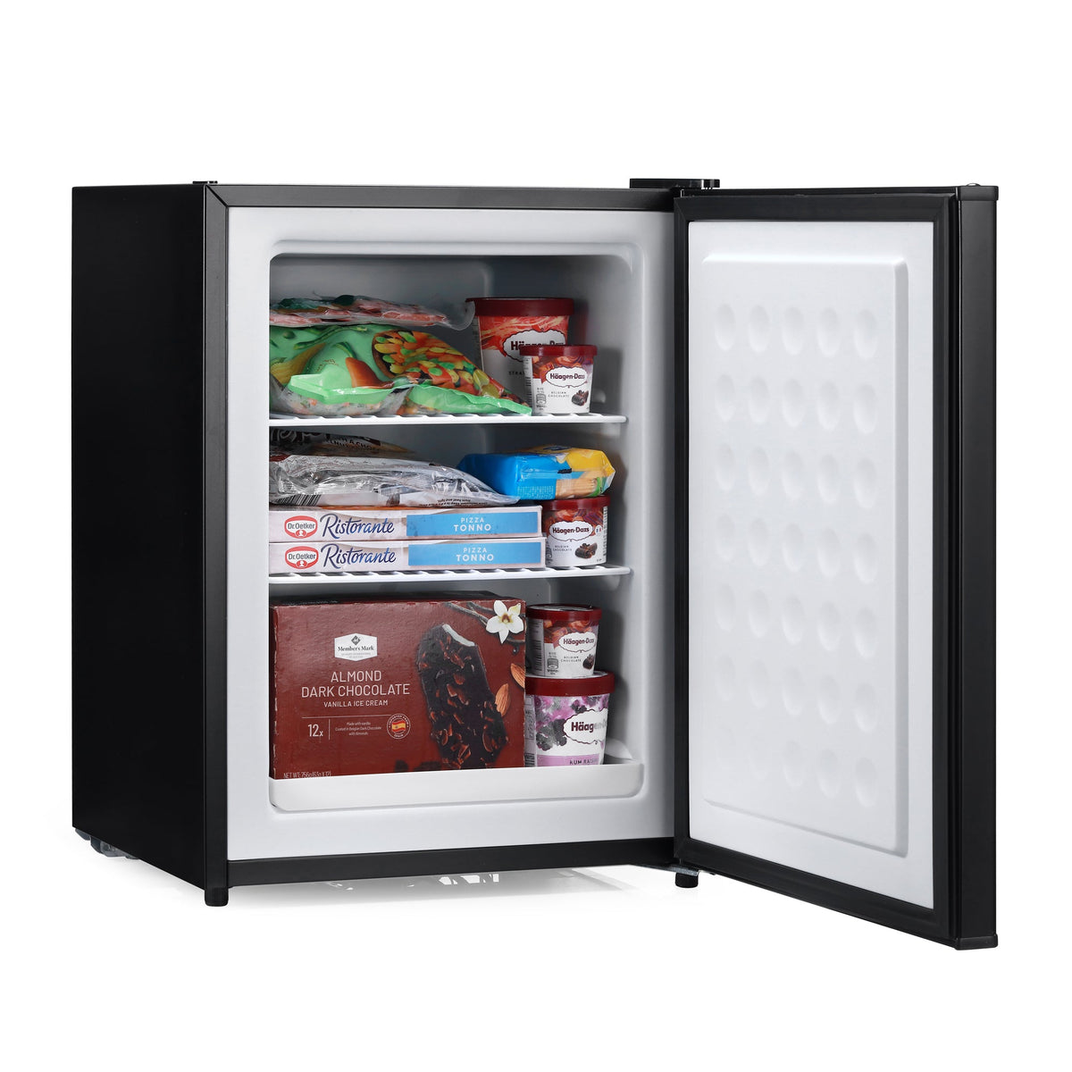 Black mini freezer with open door, white interior shelves and ice tray