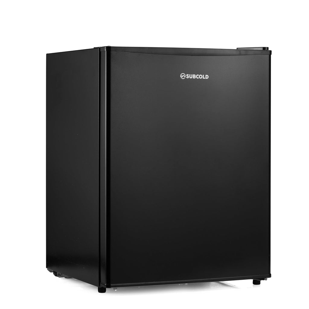 Black mini freezer front view with Subcold logo on the door