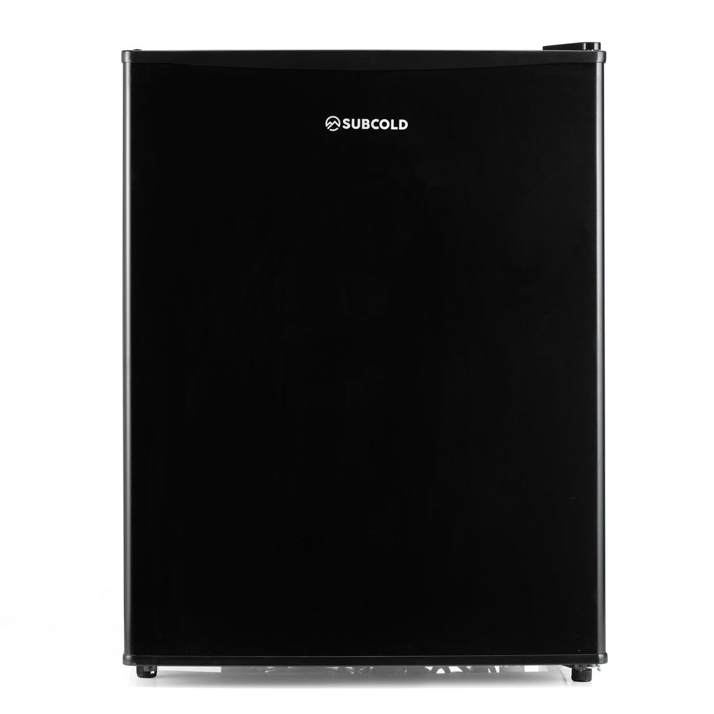 Black mini freezer front view with smooth door and small feet
