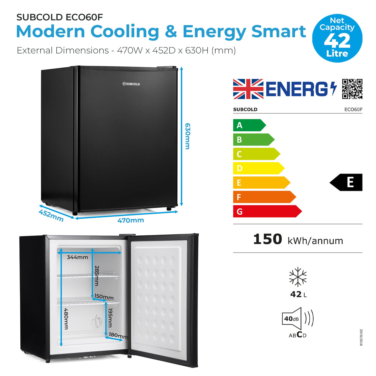 Black mini freezer spec infographic with size and energy capacity icons