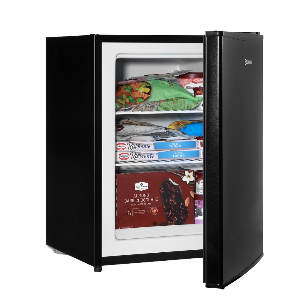 Black mini freezer with open door, interior shelves holding packaged food