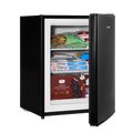 Black mini freezer with open door, interior shelves holding packaged food