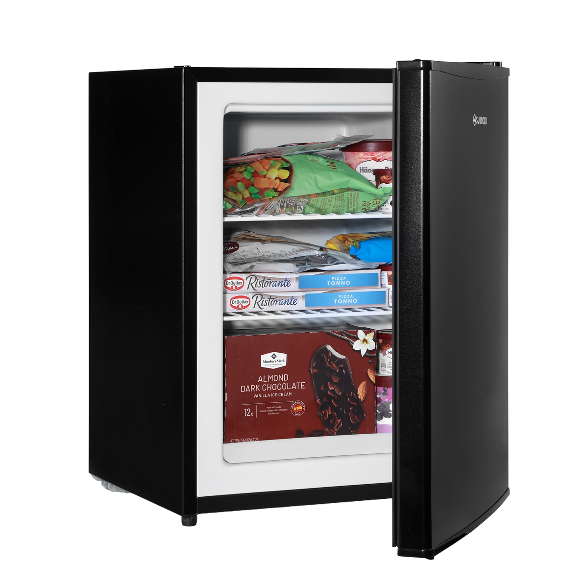 Black mini freezer with open door, interior shelves holding packaged food