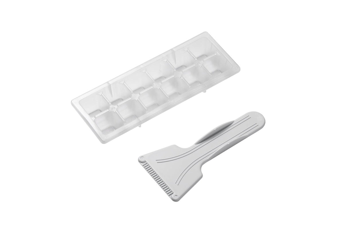 White ice tray and plastic scraper for mini freezer