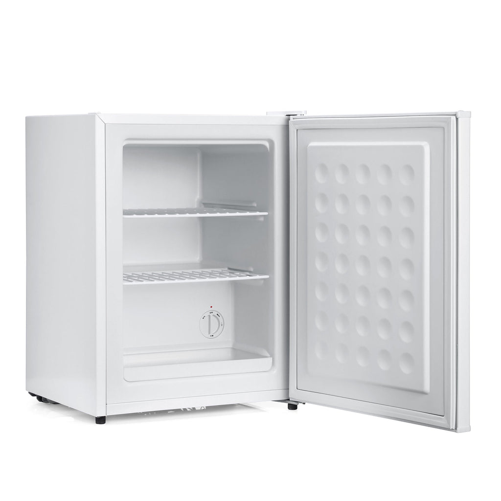 White mini freezer with open door, shelves and compartments visible