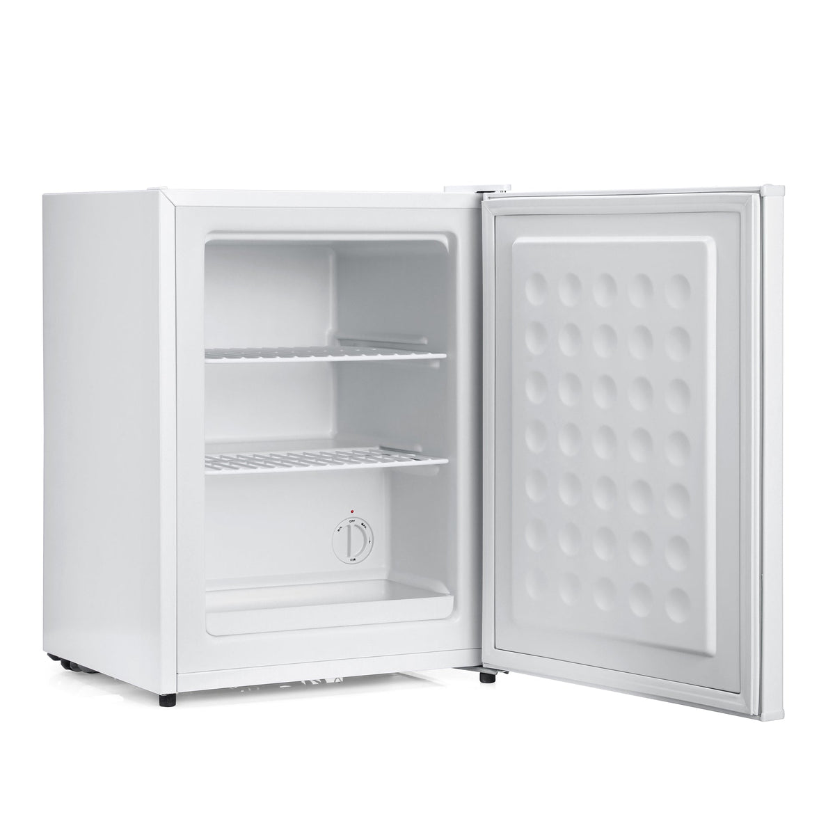 White mini freezer with open door, shelves and compartments visible