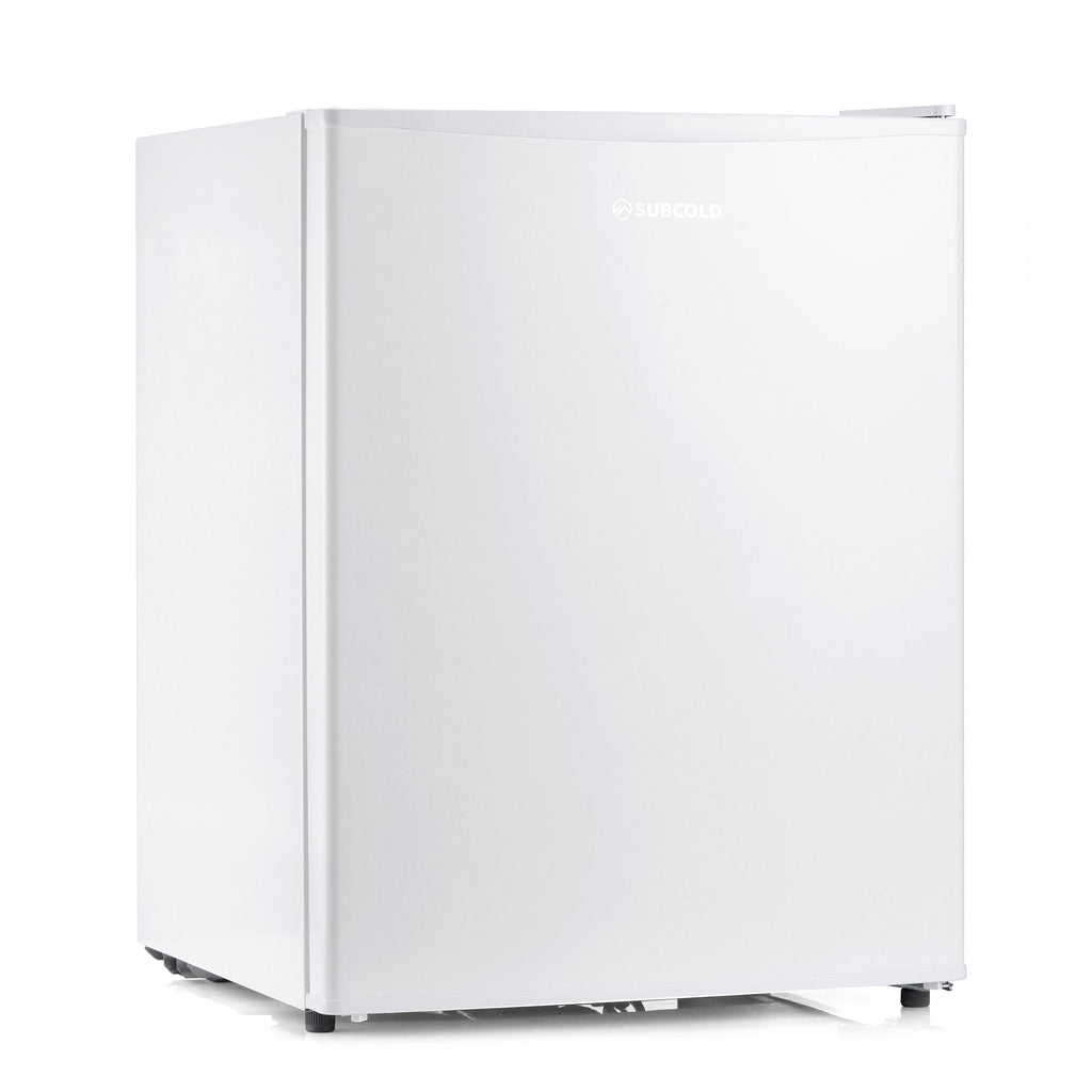 White mini freezer with closed door, front-right view