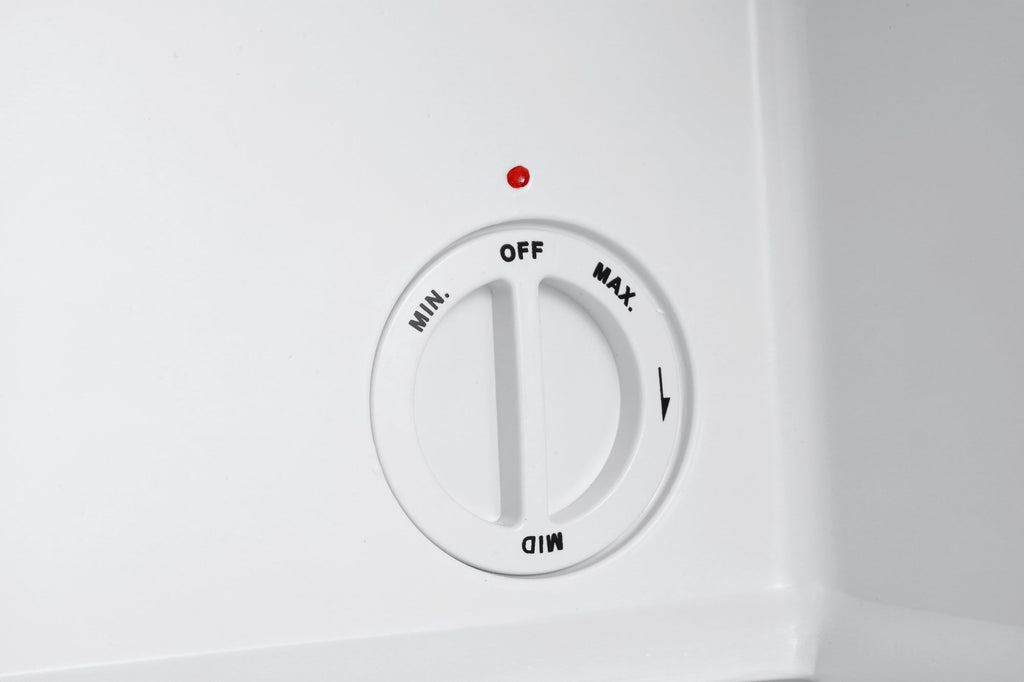 White mini freezer temperature control dial with Min, Off, and Max