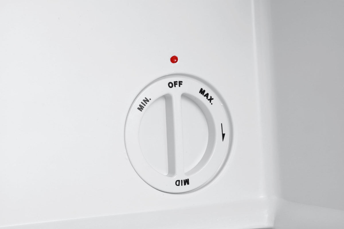 White mini freezer temperature control dial with Min, Off, and Max