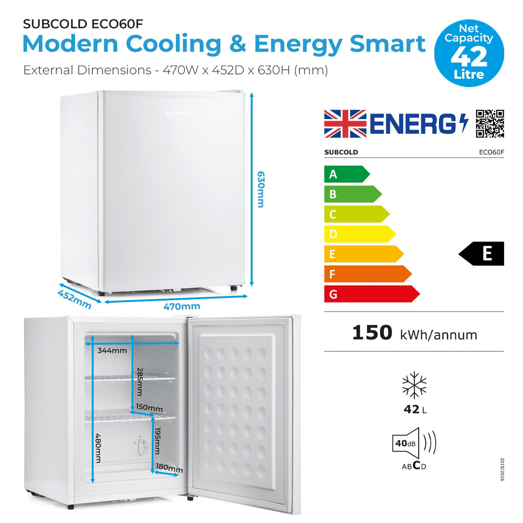 White mini freezer infographic showing capacity, dimensions, and energy rating