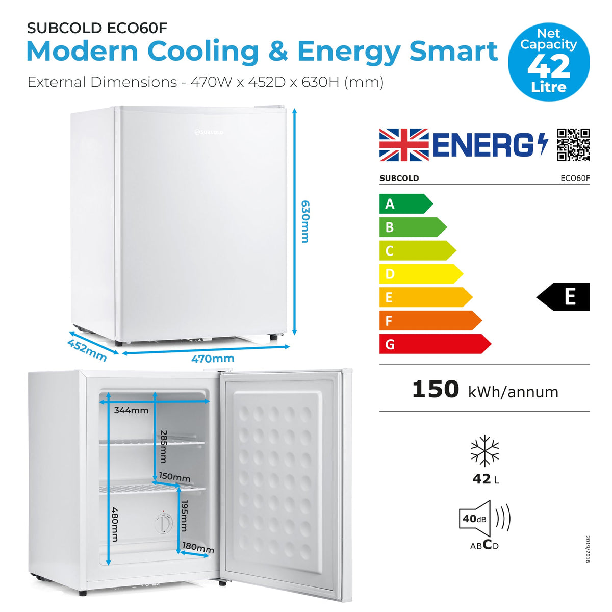 White mini freezer infographic showing capacity, dimensions, and energy rating