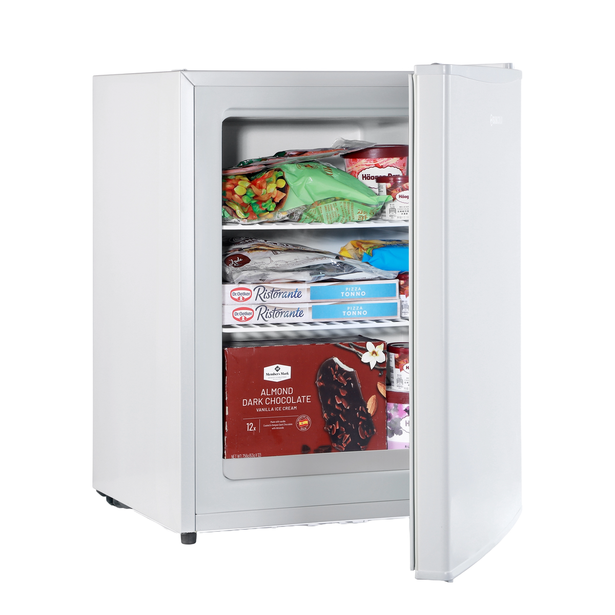 White countertop mini freezer with door open, showing stocked interior shelves