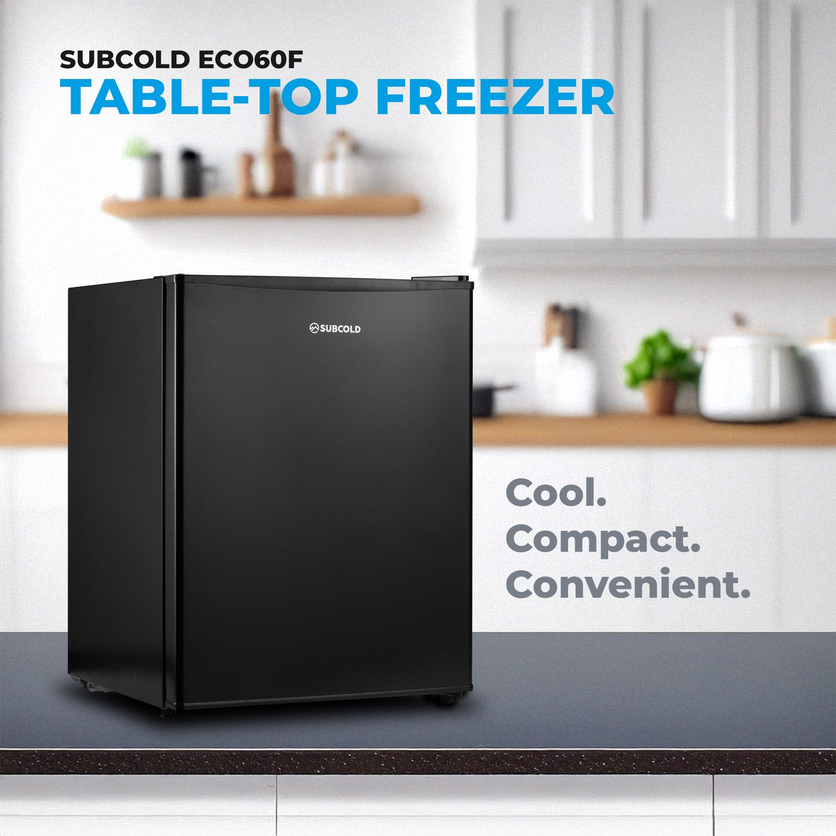 Black tabletop mini freezer with hinged door and compact rectangular body