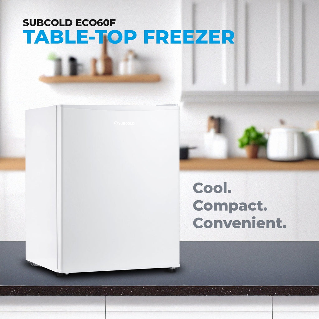 White table-top mini freezer with closed door