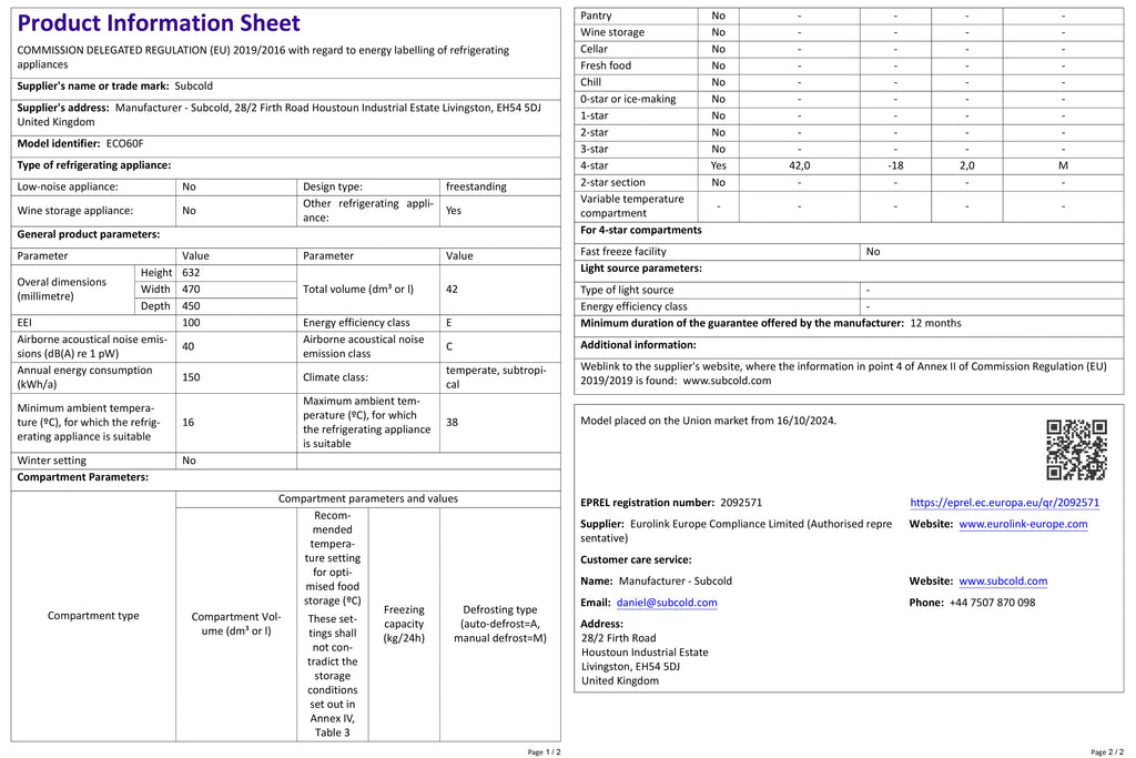 Printed product information sheet for SUBCOLD eco mini freezer with table text