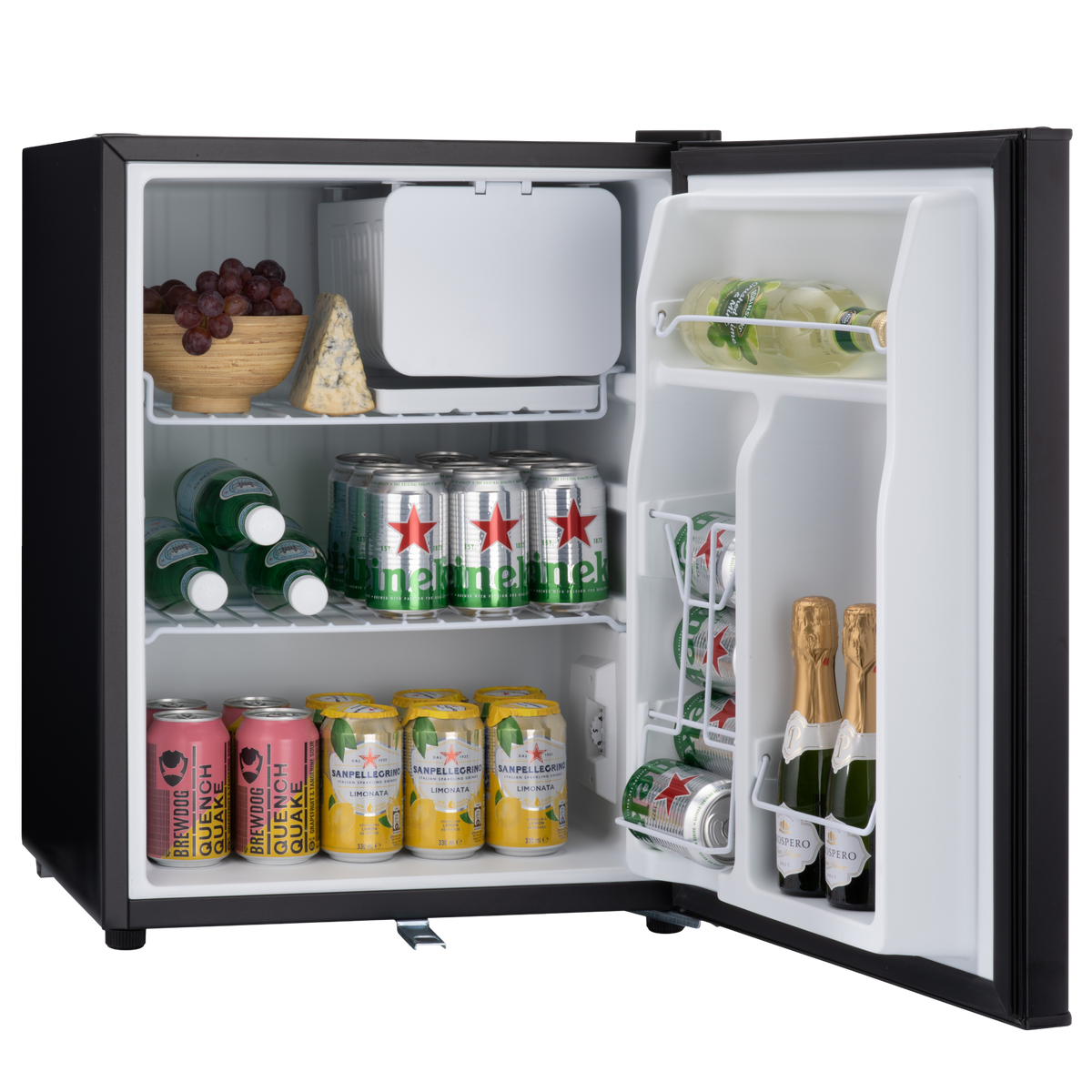 Black table-top fridge open with stocked interior shelves and door bottle holder