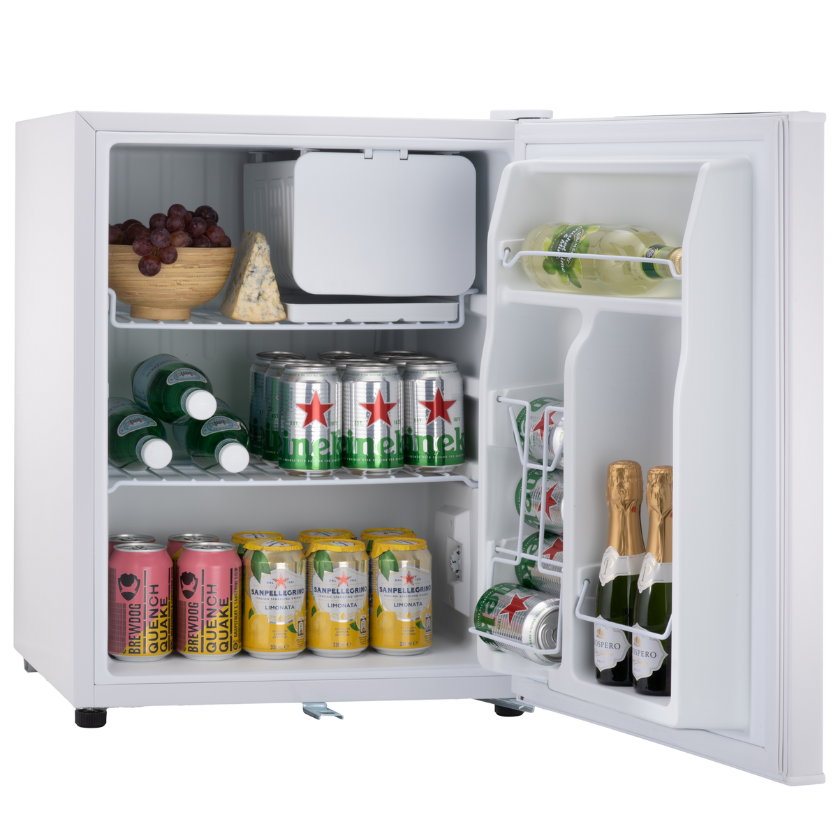 White mini fridge with open door, interior shelves and storage compartments