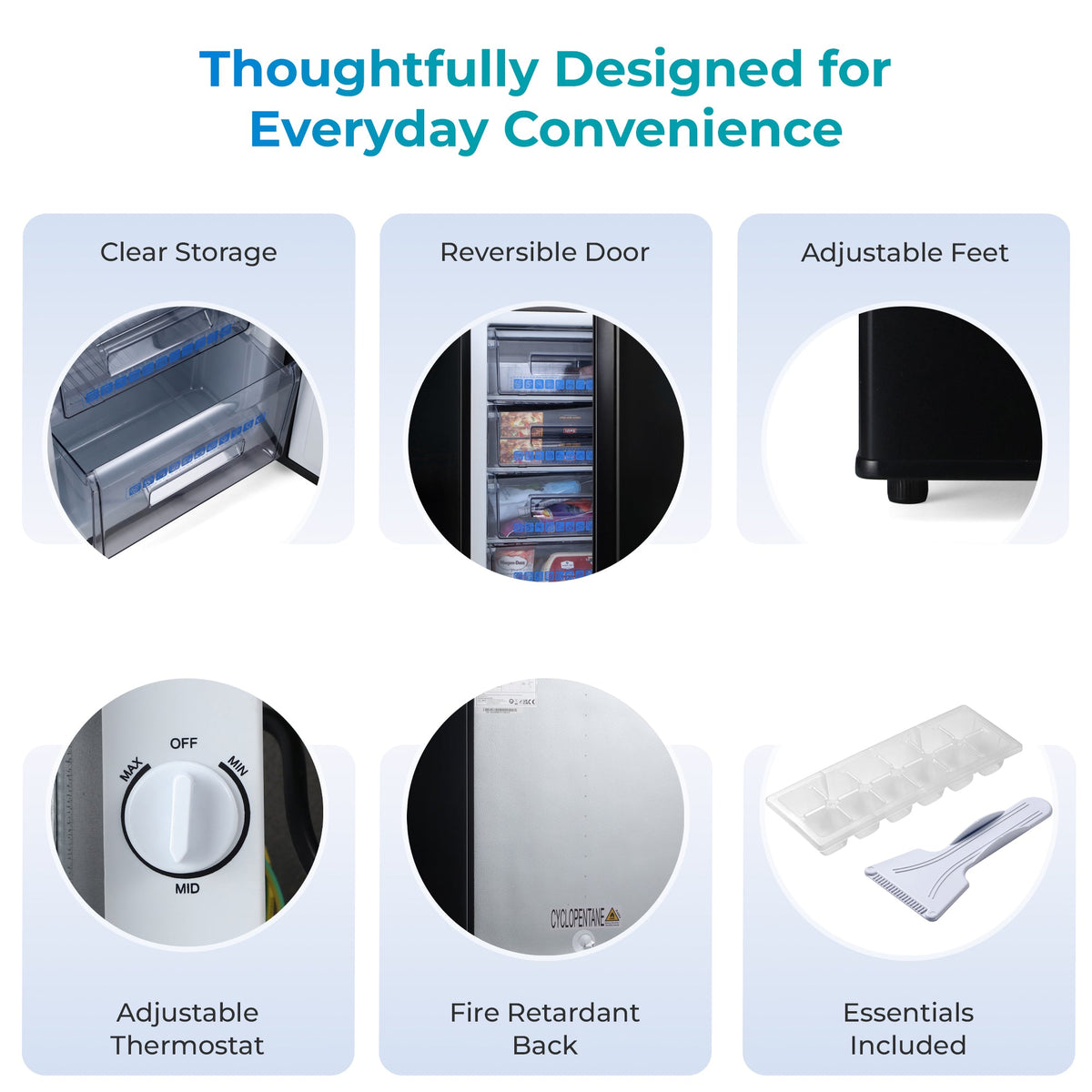 Black under-counter freezer controls with adjustable thermostat and adjustable feet