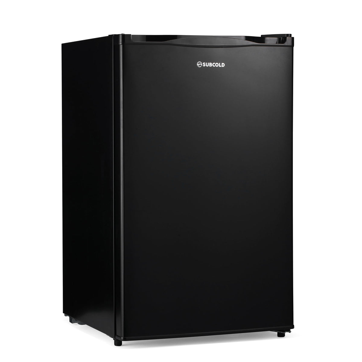 Black under-counter freezer with front door and four base feet