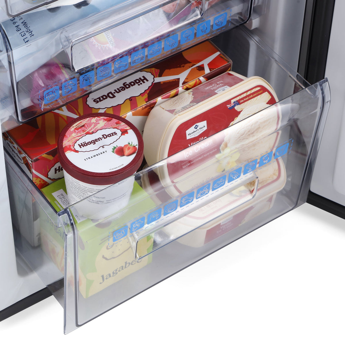 Black under-counter freezer with open door and clear interior shelves
