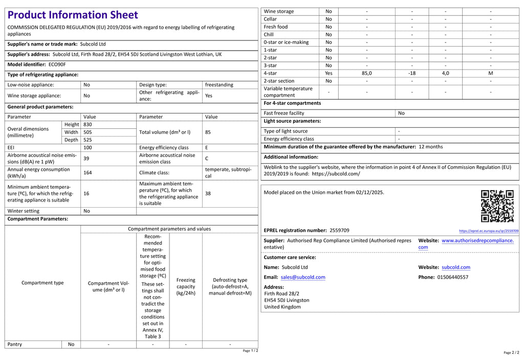 Product information sheet for Subcold Eco90F under-counter freezer, text and QR code