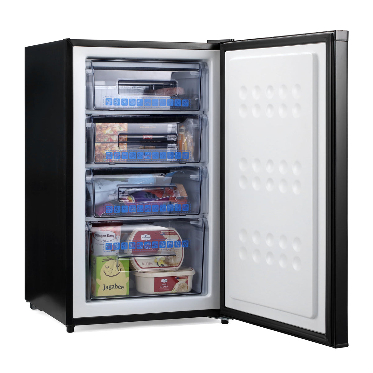 Black under-counter freezer with open door, showing transparent shelves and drawers