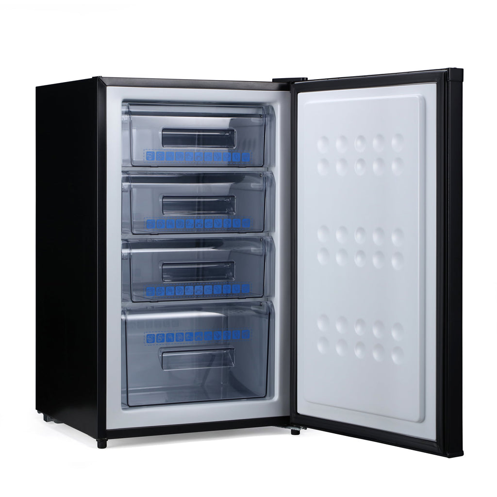 Black under-counter freezer open view with white interior door panel and glass shelves