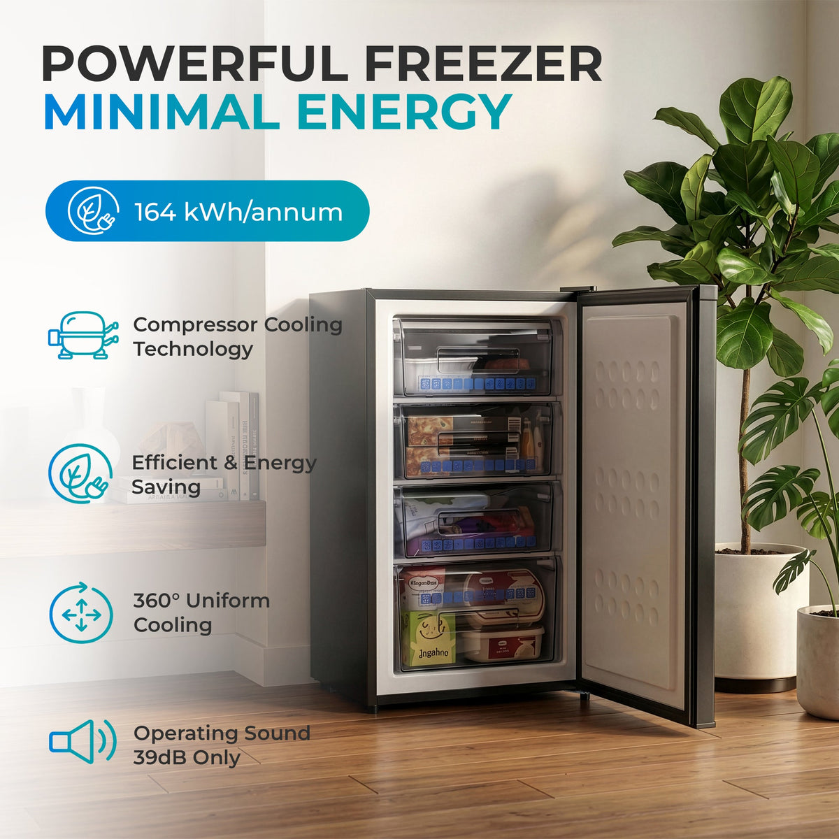 Black under-counter freezer with open door showing organized shelves and drawers