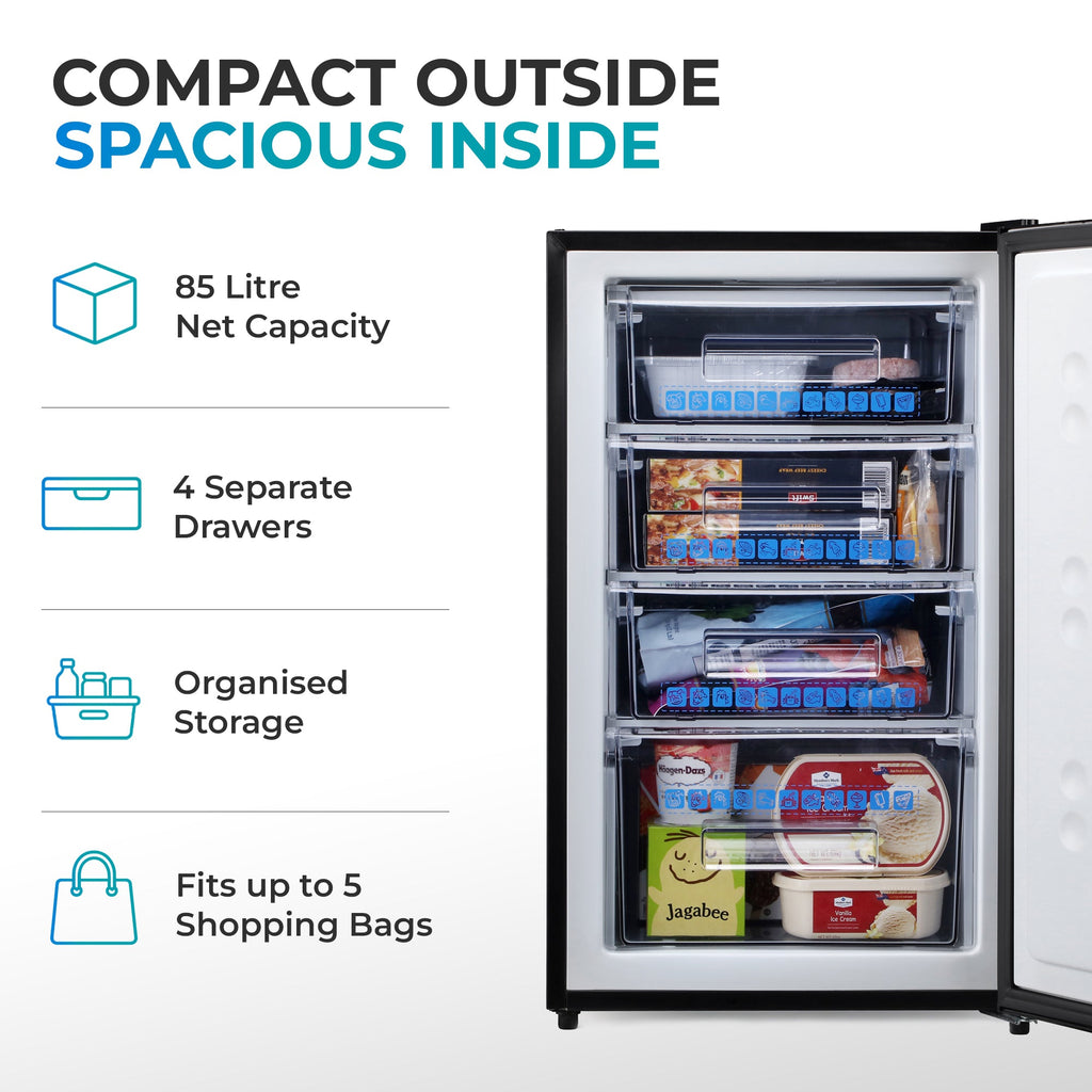 Black under-counter freezer open, showing multiple internal drawers and compartments