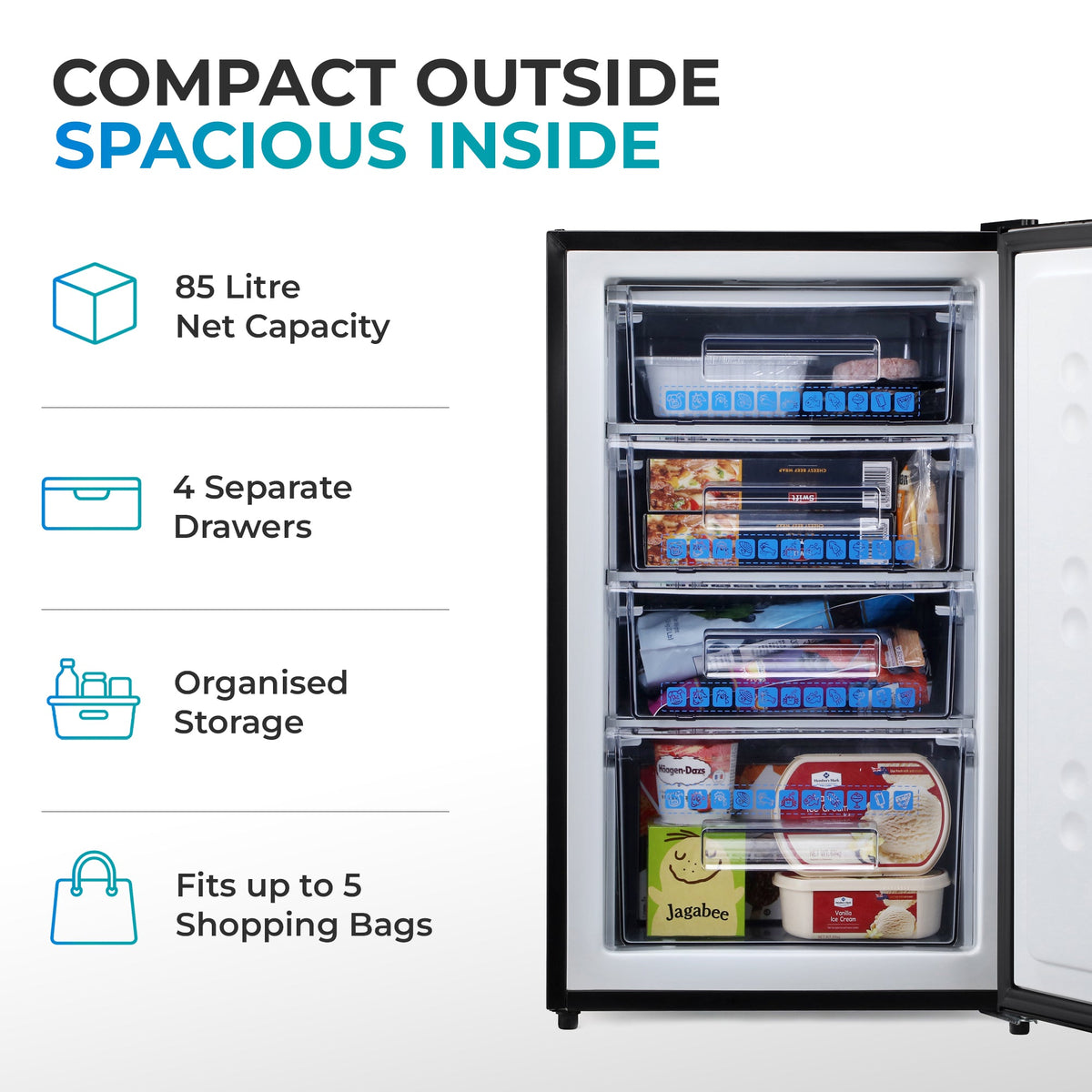 Black under-counter freezer open, showing multiple internal drawers and compartments