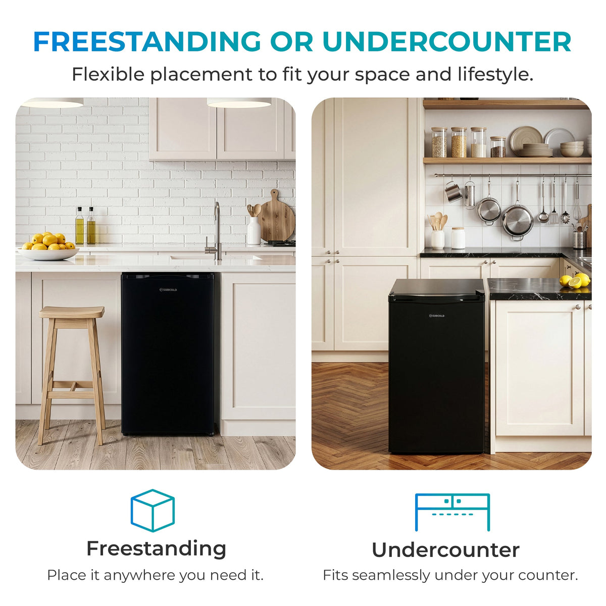 Black under-counter freezer displayed for freestanding or under-counter placement