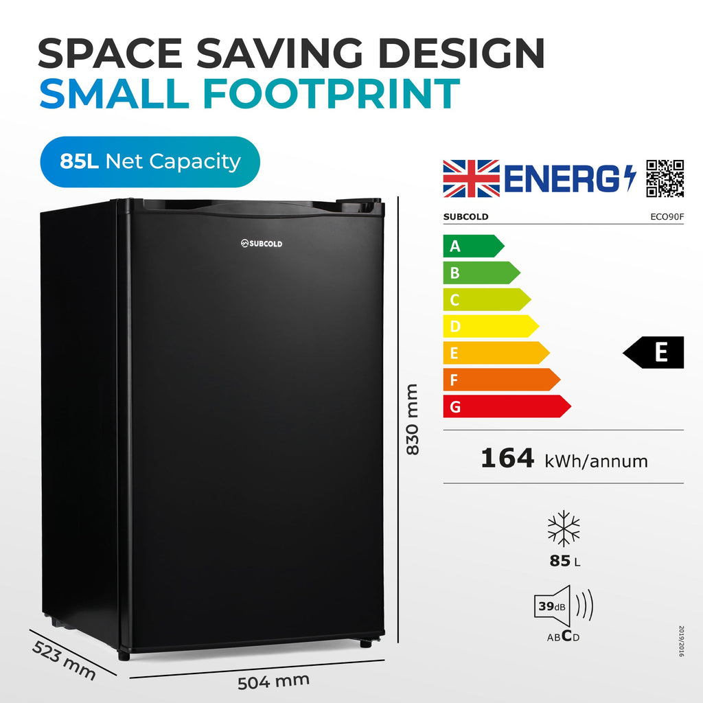 Black under-counter freezer side view with front door and adjustable feet