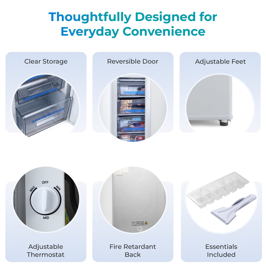 White under-counter freezer featuring clear storage, reversible door, and adjustable feet.