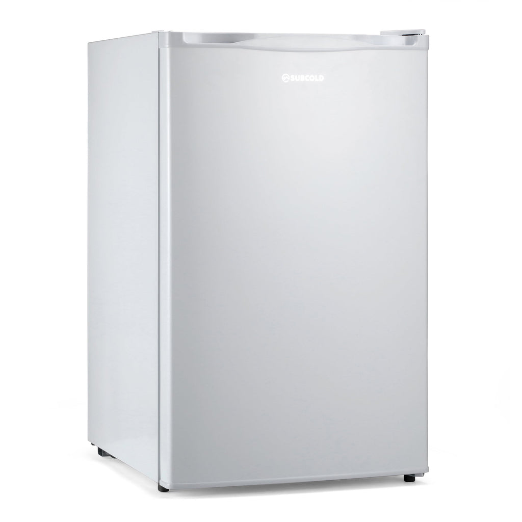 White under-counter freezer with hinged door, front view and visible control panel.