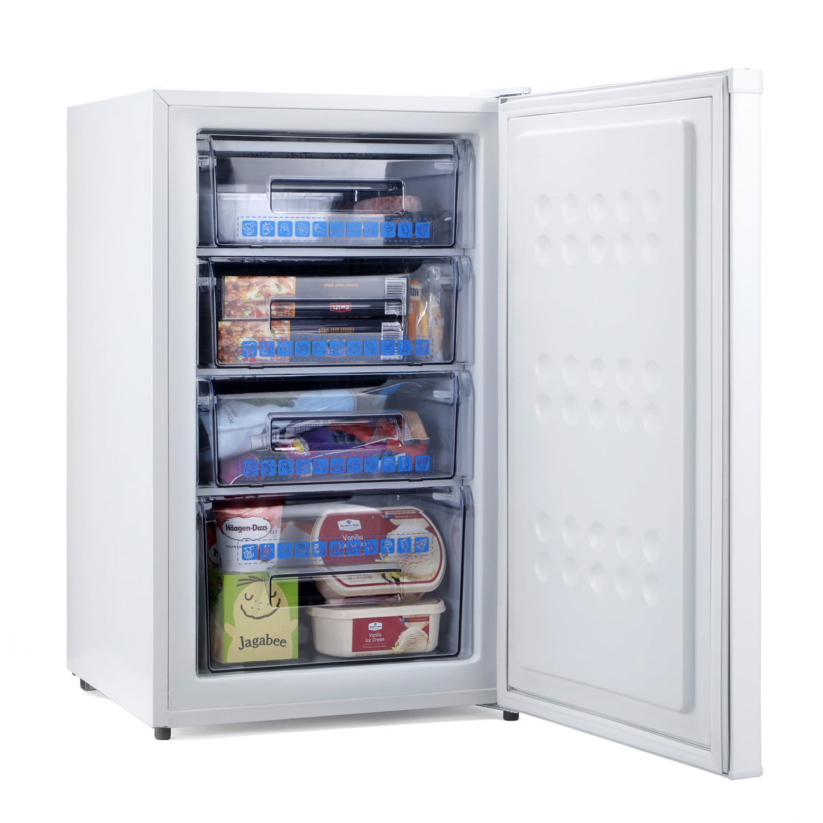 White under-counter freezer with door open, showing interior shelves and drawers.