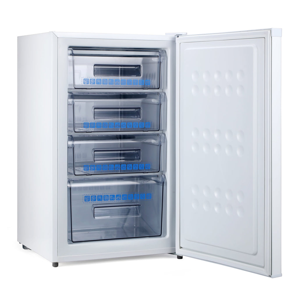 White under-counter freezer with door open wide, clear view of interior compartments.