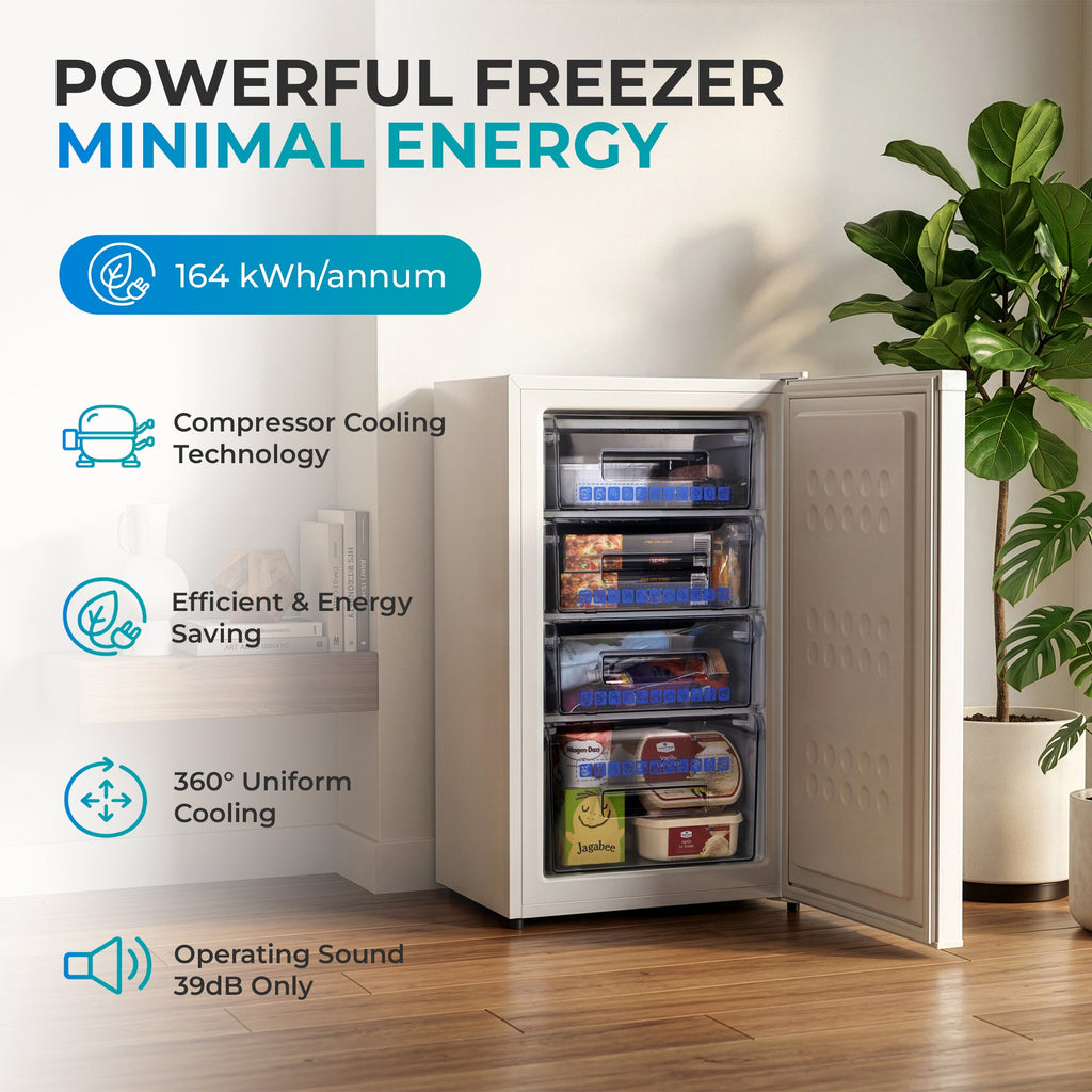 White under-counter freezer with door open, interior shelves visible.