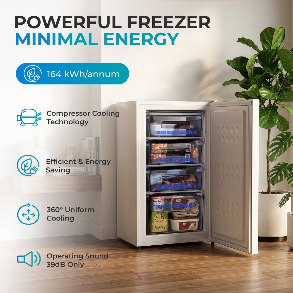 White under-counter freezer with door open, interior shelves visible.