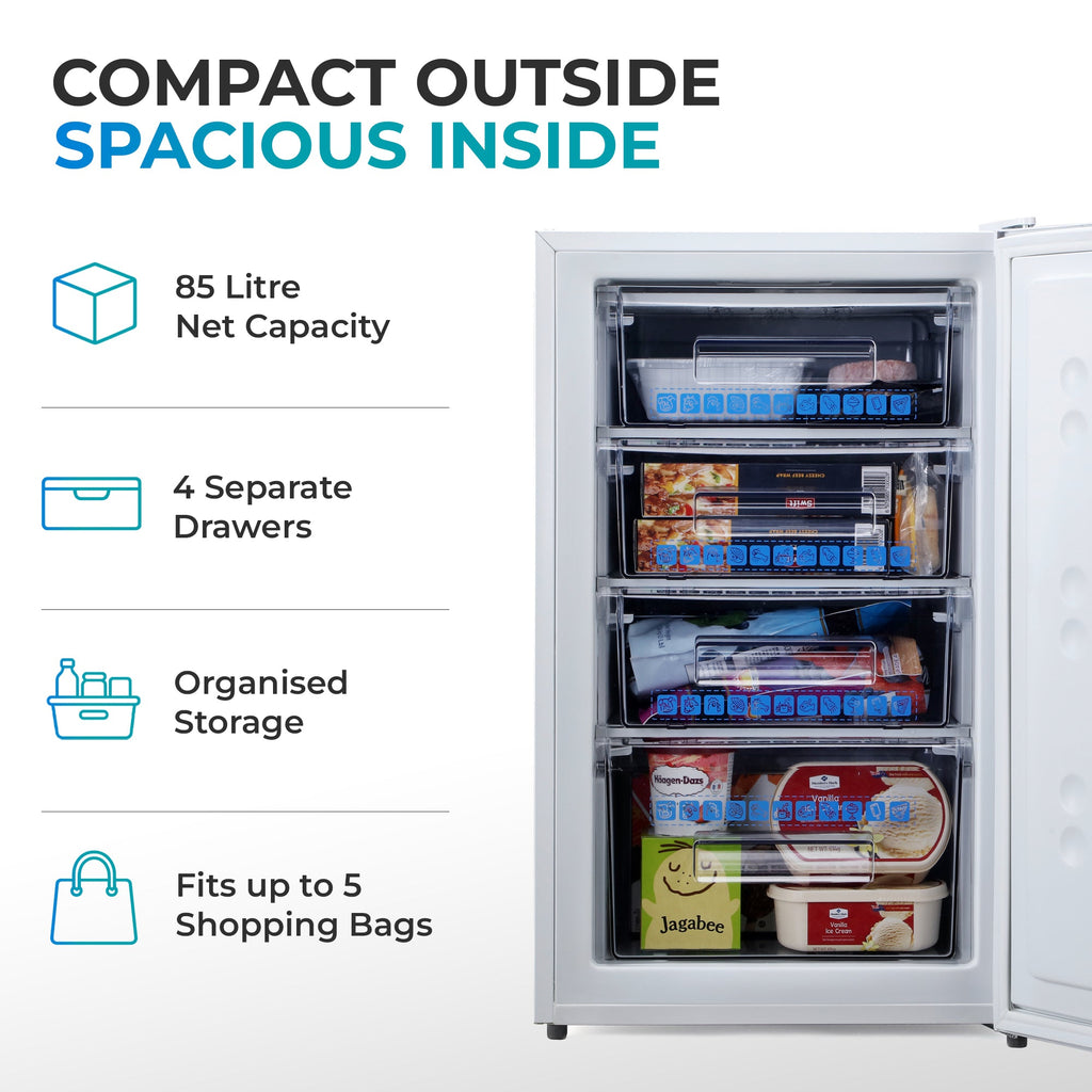 White under-counter freezer with door open, organized interior with multiple drawers.