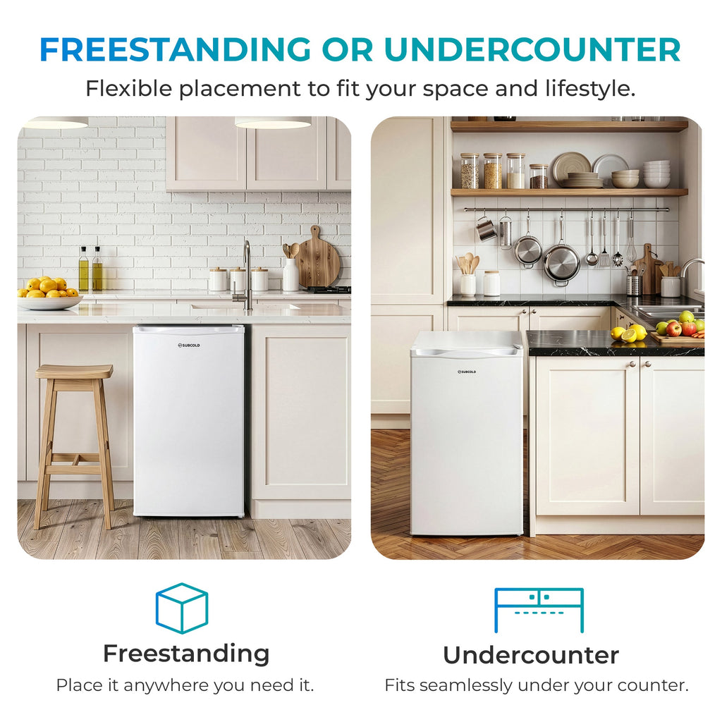 White under-counter freezer shown as freestanding appliance option, front view.